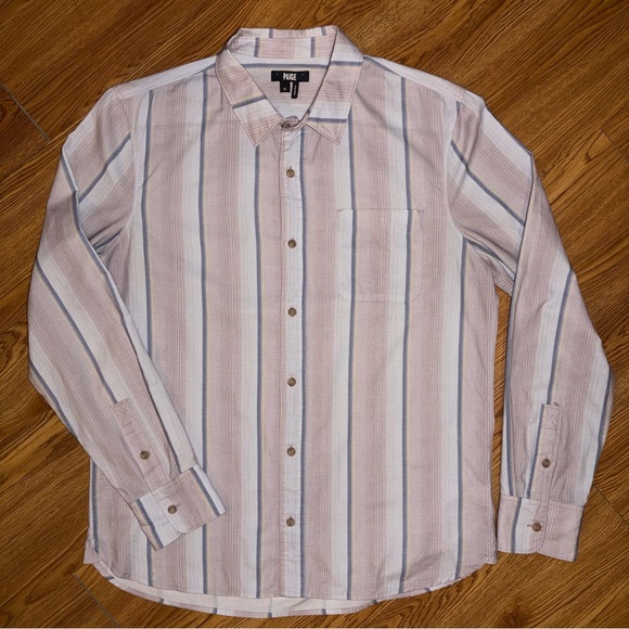 Paige Men’s Cooper Stripe Cotton Button Up Ling Sleeve Shirt in Hazy Blush - Picture 8 of 12